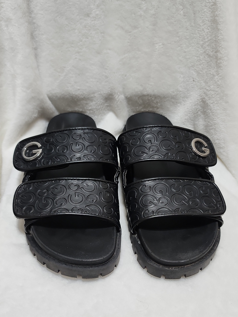 Black G By Guess Logo Embossed Double-Strap Slide Sandals 9